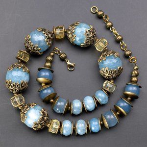 Large blue stone bead necklace, super chunky chalcedony collar necklace